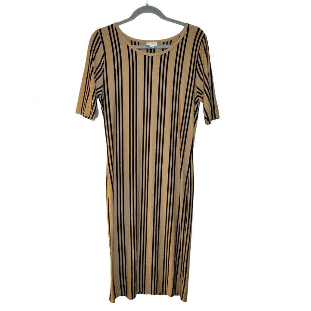 LulaRoe, NWT, Dress, Julia, Tan Base w/Black Stripes, Short Sleeve, Women's XLG